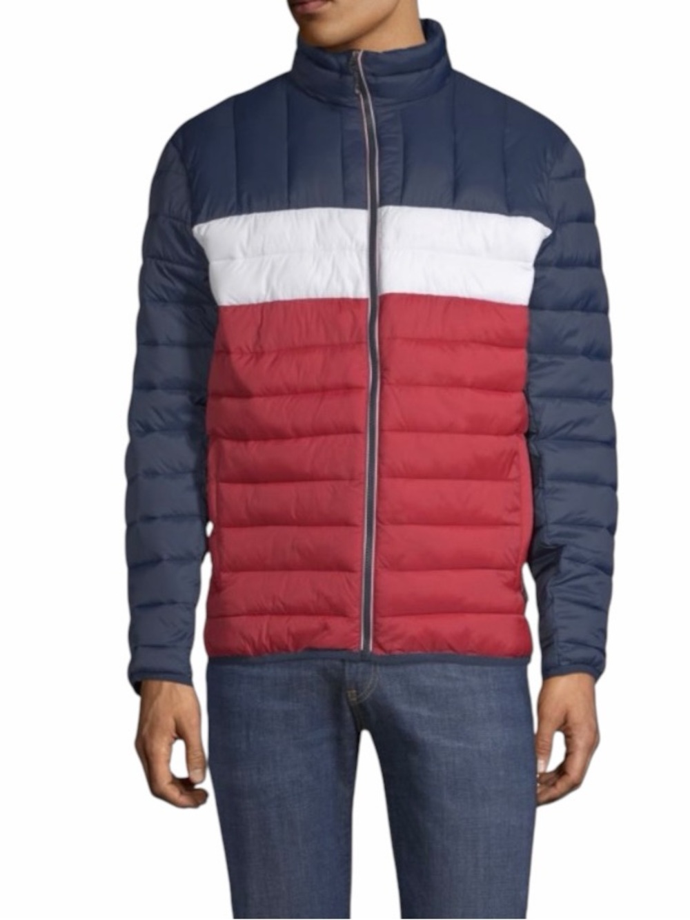 Swiss Tech•Men’s Colorblock Puffer Jacket – Navy, White & Red